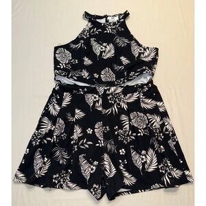 Madden NYC Women XXXL Black White Tropical Halter Romper Cut Out Waist NJ0238G01
